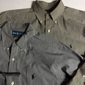 2 Ralph Lauren Classic Fit Button Down Shirts Men's 16 Gingham Check Green Brown